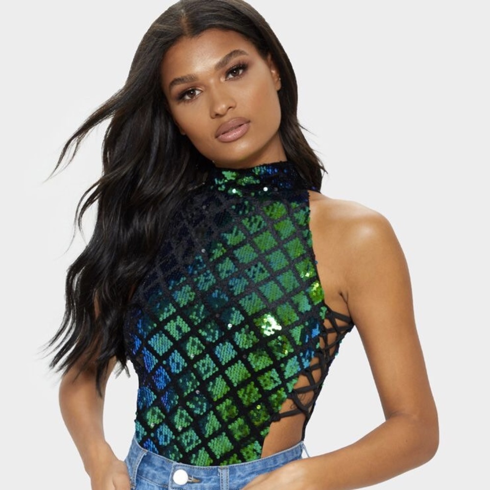 PLT blue/green sequin bodysuit